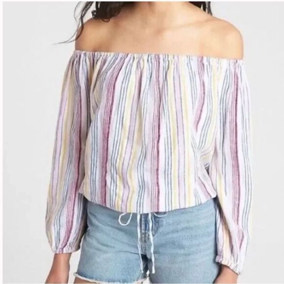 𝅺GAP Linen Striped Off Shoulder Tie Waist Blouse Top Shirt White XS - Picture 1 of 6